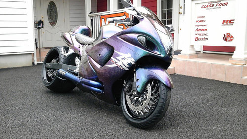 Brocks Performance Brocks Tiwinder Full Exhaust Race Baffle Blue Suzuki Hayabusa (99-25), motorcycle with iridescent purple and blue paint and racing exhaust system parked on driveway.