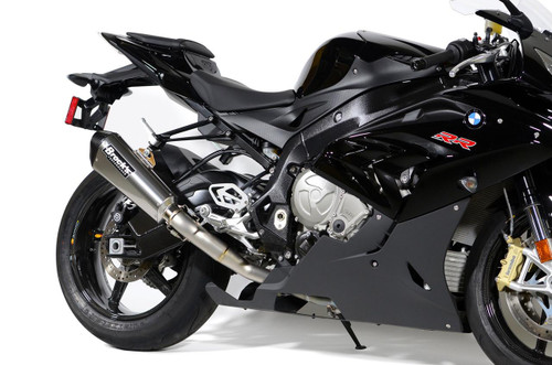 Brocks Performance Brocks CT Single Full Exhaust 16" QuietKore Muffler BMW S1000RR (15-19) S1000R (17-20), motorcycle with black body and aftermarket exhaust system.