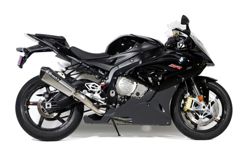 Brocks Performance Brocks CT Single Full Exhaust 16" QuietKore Muffler BMW S1000RR (15-19) S1000R (17-20), motorcycle with sleek black design and enhanced exhaust system. Loading Image