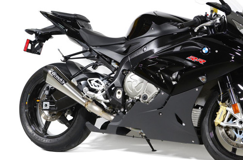 Brocks Performance Brocks CT Megaphone Full Exhaust 17" Muffler for BMW S1000RR and S1000R, bike motorcycle exhaust system with black and silver finish.