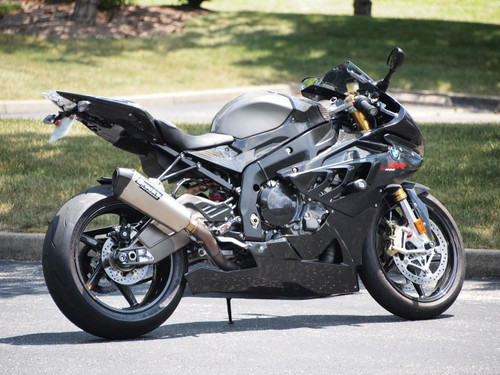 Brocks Performance Brocks CT Single Full Exhaust 16" Muffler BMW S1000RR (10-14), motorcycle exhaust system installed on a black and gray sportbike parked on a street.