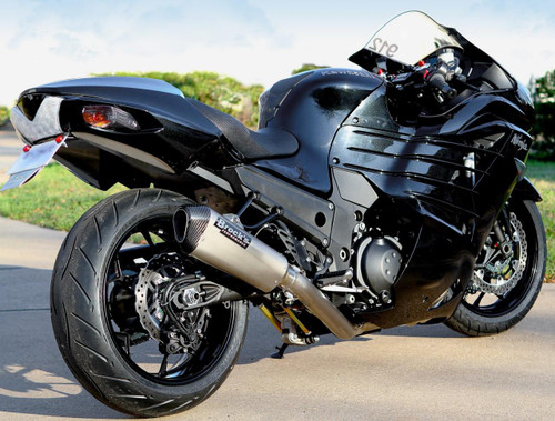 Brocks Performance Brocks CT Single Full Exhaust 16" QuietKore Muffler for Kawasaki ZX14R (06-25), black motorcycle with performance exhaust system installed.