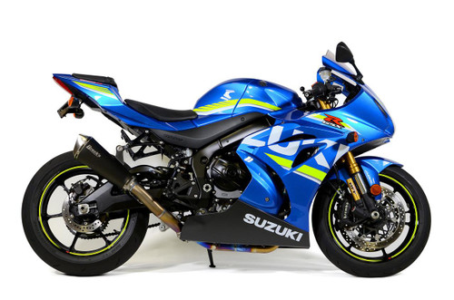 Brocks Performance Brocks Predator Full Exhaust Ti Front Electro-Black Muffler Suzuki GSXR1000 (17-20), a blue racing motorcycle with a titanium exhaust muffler, aerodynamic fairings, and sporty design.