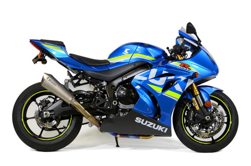Brocks Performance Brocks Predator Full Exhaust Ti Front Titanium Muffler Suzuki GSXR1000 (17-20), motorcycle with blue fairings, racing decals, and titanium exhaust.