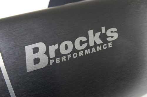 Brocks Performance Brocks Predator Full Exhaust Stainless Front Electro-Black Muffler Kawasaki ZX-14R (12-25), close-up of the branded stainless metal muffler with a brushed finish.