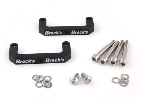 Brocks Performance Brocks Front End Lowering Strap Bracket Kawasaki ZX14R SE (16-18) ZX-14R (19-22), image showing a pair of black metal lowering strap brackets with white logo, along with silver bolts, washers, and small gears for motorcycle front end modification.