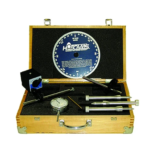 Hotcams Motorcycles Parts Hotcams Cam Degreeing Kit, a precision toolset for camshaft timing alignment with a wooden case, dial gauge, and various probes.