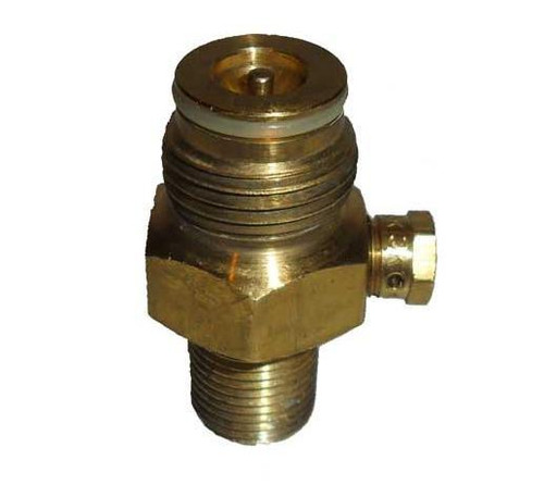 MPS CO2 Bottle Components, a brass valve with threaded connections and a controlling knob for CO2 gas regulation.