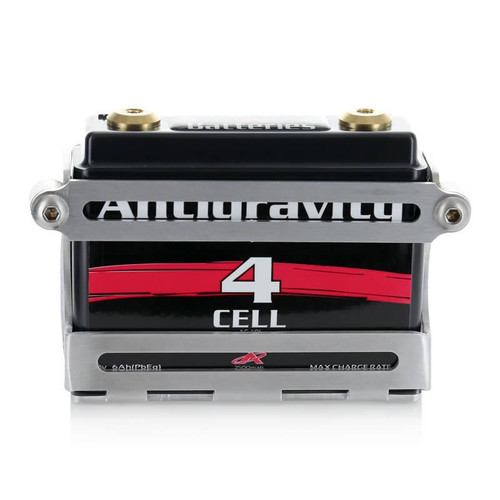 Antigravity 4 Cell Aluminum Battery Tray, black and silver aluminum battery tray mounted on a 4-cell battery.