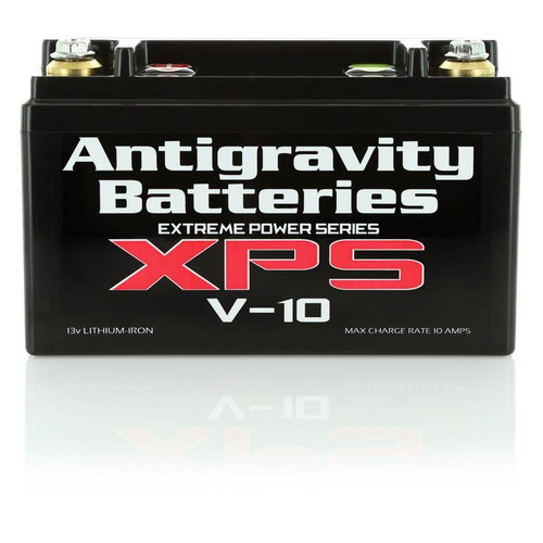 Antigravity Extreme Power Series V-10 Lithium Battery, black automotive battery with bold white and red text on the front