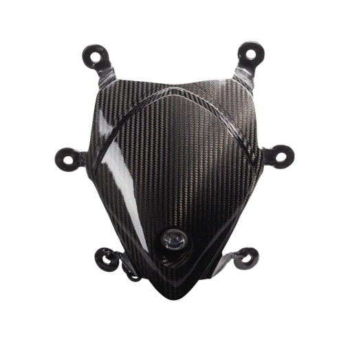 Montgomery Motorsports Carbon Fiber Headlight Insert Suzuki GSXR1000 (07-08), a sleek black carbon fiber motorcycle headlight insert with a smooth, aerodynamic design and mounting points for a precise fit.