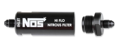 NOS In-Line Hi-Flow Nitrous Filter, 4AN, Black, close-up of black metal nitrous filter with threaded ends for automotive nitrous oxide systems. Loading Image