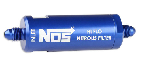 NOS In-Line Hi-Flow Nitrous Filter, 6an, Blue - High-performance blue nitrous oxide inline filter for automotive nitrous systems. Loading Image
