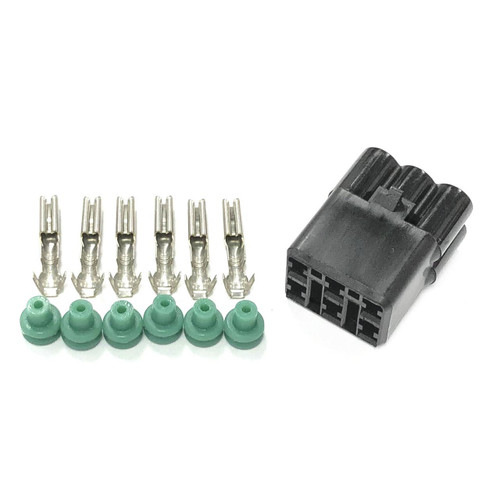 Ryan Schnitz Racing RSR Connector Kit, 6 Way Socket HM, with six metal socket terminals and six green rubber seals for electrical connections. Loading Image