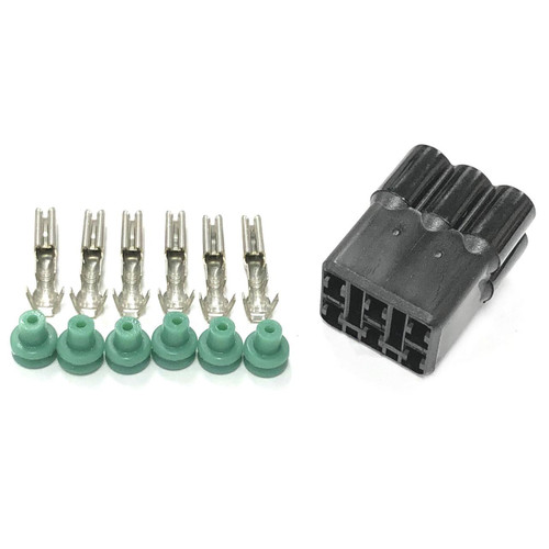 Ryan Schnitz Racing RSR Connector Kit, 6 Way Socket HM with green waterproof seals and metal pin terminals for automotive electrical wiring.
