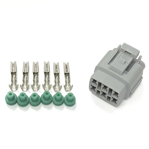 Ryan Schnitz Racing RSR Connector Kit, 6 Way Socket MT-1, with metal terminals and green rubber seals for automotive electrical connections.