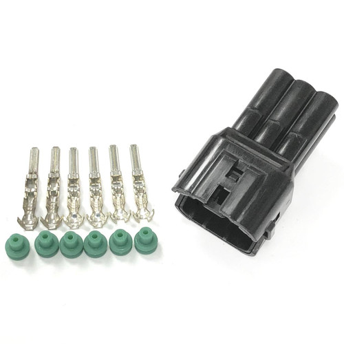 Ryan Schnitz Racing RSR Connector Kit, 6 Way Pin HM, black plastic connector with metal pins and green rubber seals for automotive wiring. Loading Image