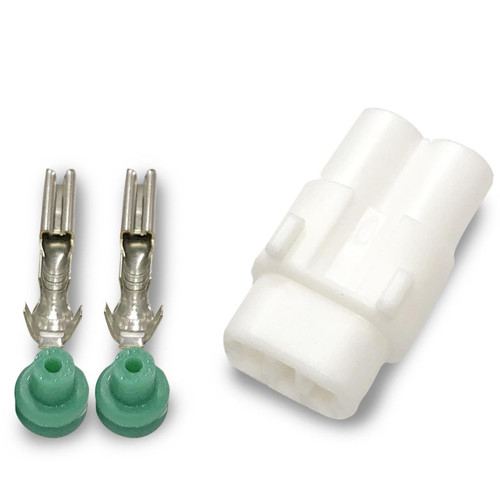 Ryan Schnitz Racing RSR Connector Kit, 2 Way Socket MT-2, with two metal connectors and a white plastic connector housing.