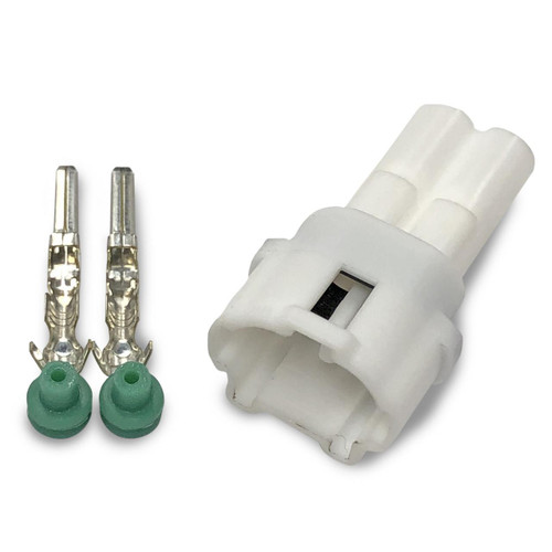 Ryan Schnitz Racing RSR Connector Kit, 2 Way Pin MT-2, with white plastic connector and two metal pins with green rubber gaskets. Loading Image