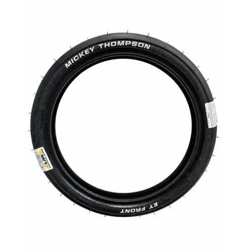 Mickey Thompson Motorcycle Slicks, Mickey Thompson 3210 2.5/2.75-18 ET Drag Front Slick, front motorcycle tire with black sidewall featuring white lettering, suitable for drag racing.