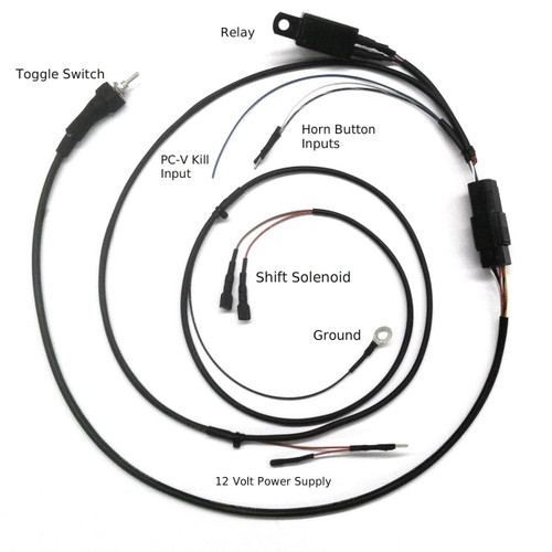 Ryan Schnitz Racing RSR PC-V Air Shifter Race Spec Wiring Harness with Auto Shift Input for Kawasaki ZX14 (06-11), demonstrating the wiring harness with labeled components including relay, toggle switch, PC-V kill input, horn button inputs, shift solenoid, ground, and 12 volt power supply. Loading Image
