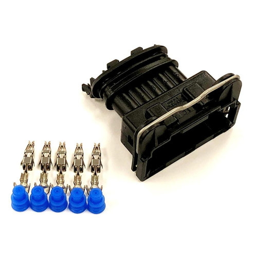 Ryan Schnitz Racing RSR Connector Kit, Ignitor, 5 Way, black plastic ignition connector with metal clips and blue rubber seals for secure electrical connections.