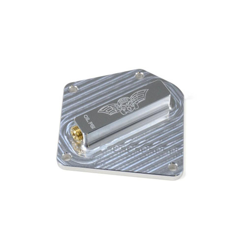 HTP Performance HTP Oil Cooler Block Off Plate, Suzuki GSXR1000 (17-25), silver aluminum motorcycle engine oil cooler block off plate with engraved logo design. Loading Image