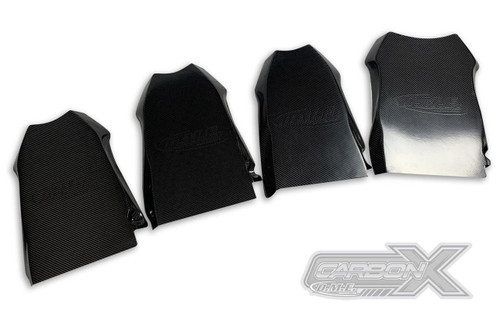 DME Carbon Fiber Belly Pan Suzuki Hayabusa (08-21), four black carbon fiber belly pan panels for Suzuki Hayabusa motorcycle model years 2008 to 2021.
