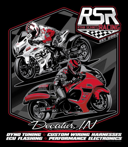 Ryan Schnitz Racing RSR Team T-Shirt, graphic design featuring two racing motorcycles and riders, with racing team and sponsor logos, in black, red, white, and grey colors. Ryan Schnitz Racing RSR Team T-Shirt, graphic design featuring two racing motorcycles and riders, with racing team and sponsor logos, in black, red, white, and grey colors.