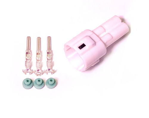 Ryan Schnitz Racing RSR Connector Kit, 3 Way Pin MT, automotive electrical connector kit with pink housing, three metal pins, and three green seals for engine wiring.