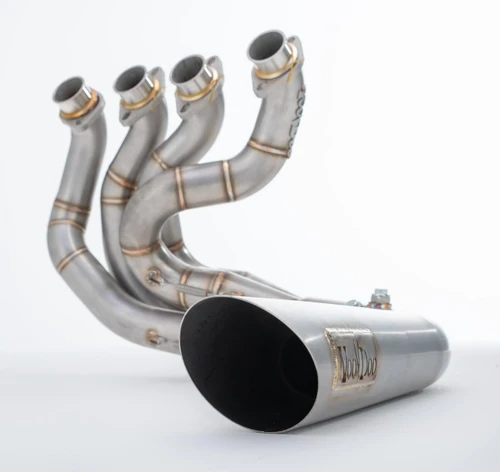 VooDoo Big Tube Sidewinder Exhaust for Suzuki Hayabusa (99-20), stainless steel motorcycle exhaust with four angled pipes and a large end muffler.
