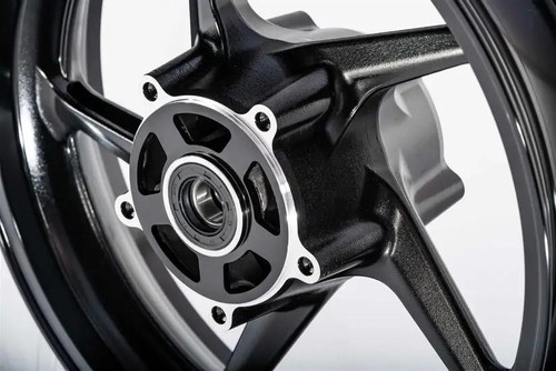 VooDoo Sniper Front Wheel Kawasaki ZX14R (2006-2025), close-up of black motorcycle front wheel with silver hub and bearings.