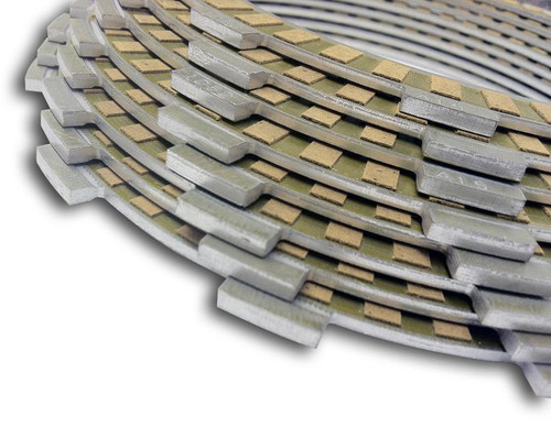 Trac King Clutch Plate Kit Kawasaki ZX10R (06-25) Friction Only, close-up view of multi-layer clutch plates with metal and friction material layers stacked for motorcycle clutch system. Loading Image