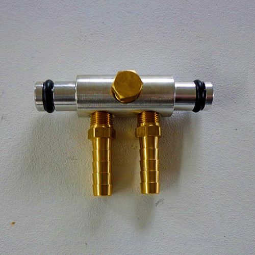 RCC Fuel Rail Tap Suzuki GSX1300R Hayabusa (08-21), metal fuel rail with brass fittings and black rubber seals. Loading Image