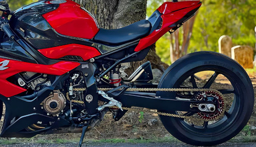 DME Aluminum Swingarm BMW S1000RR (20-25), black and red motorcycle swingarm attached to a red and black sportbike. Loading Image