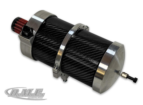 DME Air Oil Separator Tank – Carbon Fiber Catch Can, close-up of a sleek black carbon fiber tank with metallic accents and fittings for vehicle engine air oil separation.