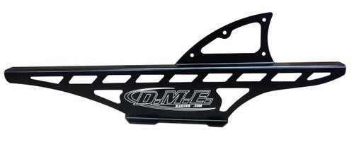 DME Chain Guard for Tire Hugger, black metal motorcycle accessory with cut-out design and logo