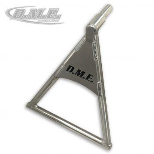 DME Motorcycle Triangle Stand, a stainless steel stand designed to support and stabilize motorcycles during maintenance or parking. Loading Image