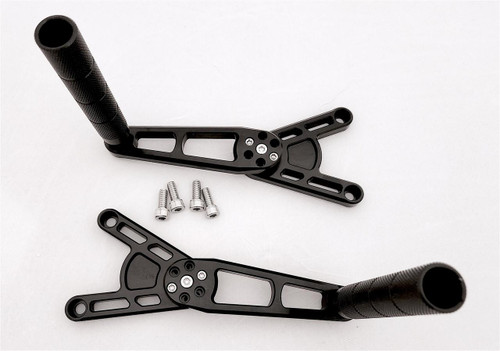 VooDoo Voodoo Rearsets, Grudge, Suzuki Hayabusa (99-25) - black racing motorcycle rearsets with footpegs, mounting plates, and screws.