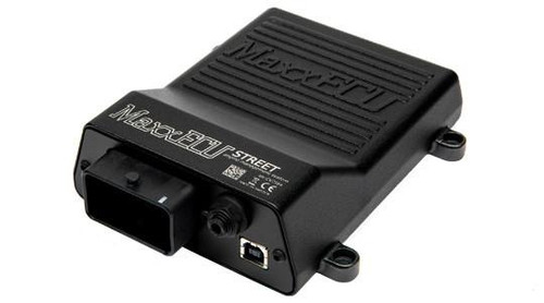 MaxxECU Street Engine Control Unit, compact black electronic device with connectors and branding for optimizing engine performance.