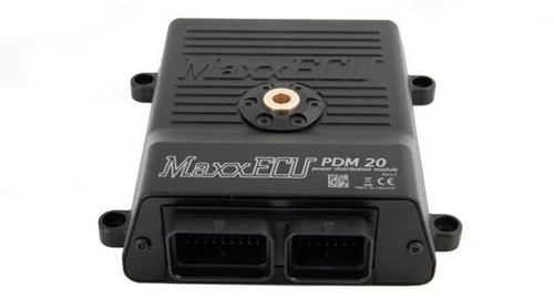 MaxxECU PDM Power Distribution Module, close-up image of black electronic module with dual connector ports and branding.
