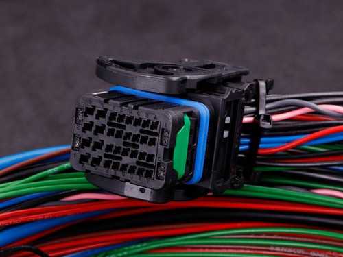 MaxxECU Pro Flying Lead Wiring Harness Connector 4, automotive wiring harness with multiple colored wires connected to a black plastic connector.