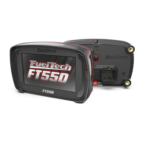 Fueltech FT550 EFI System, digital control module with display screen and wiring connections for vehicle engine management.