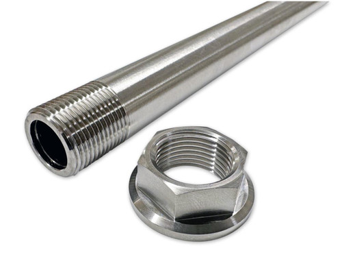 Ironless Innovations Titanium Swingarm Pivot Axle, Kawasaki ZX-14R (06-26), metal motorcycle part with threaded end and hexagonal nut for bicycle or motorcycle suspension component.