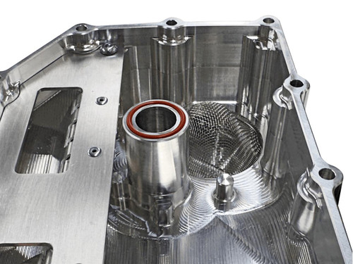 Brutal Performance Low Profile Billet Oil Pan Suzuki GSXR1000 (17-25) Direct Pickup, close-up of a stainless steel oil pan with a streamlined design, precision machining, and a custom oil pickup with a red sealing ring.