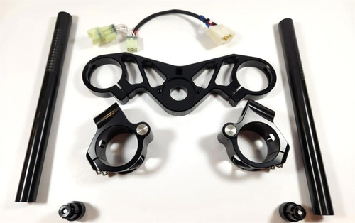 VooDoo Voodoo Top Triple Clamp Complete Kit Kawasaki ZX-14R (06-25), motorcycle top triple clamp kit with black anodized components, handlebar risers, and wiring connectors. Loading Image