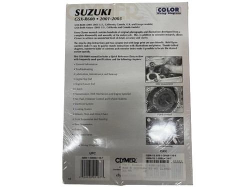 Service Manual for Suzuki GSX-R600 (01-05), book cover showing information and images of engine, clutch, and chassis components.
