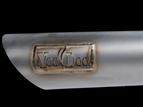 VooDoo Big Tube Natural Sidewinder Exhaust Suzuki GSXR1000, close-up of the metallic exhaust with VooDoo branding engraving.