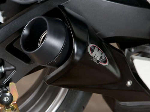 M4 Performance Exhausts M4 GP Black Slip On Exhaust Suzuki GSXR600/750 (11-24), close-up image showing the black metallic finish and logo on the exhaust pipe. Loading Image