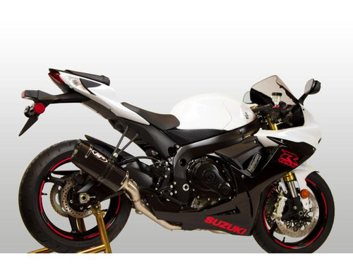 M4 Performance Exhausts M4 Tech1 Carbon Exhaust All Titanium Suzuki GSXR600/750 (11-26), motorcycle with a sleek white and black body, featuring a carbon exhaust, sporty design, and red Suzuki branding.